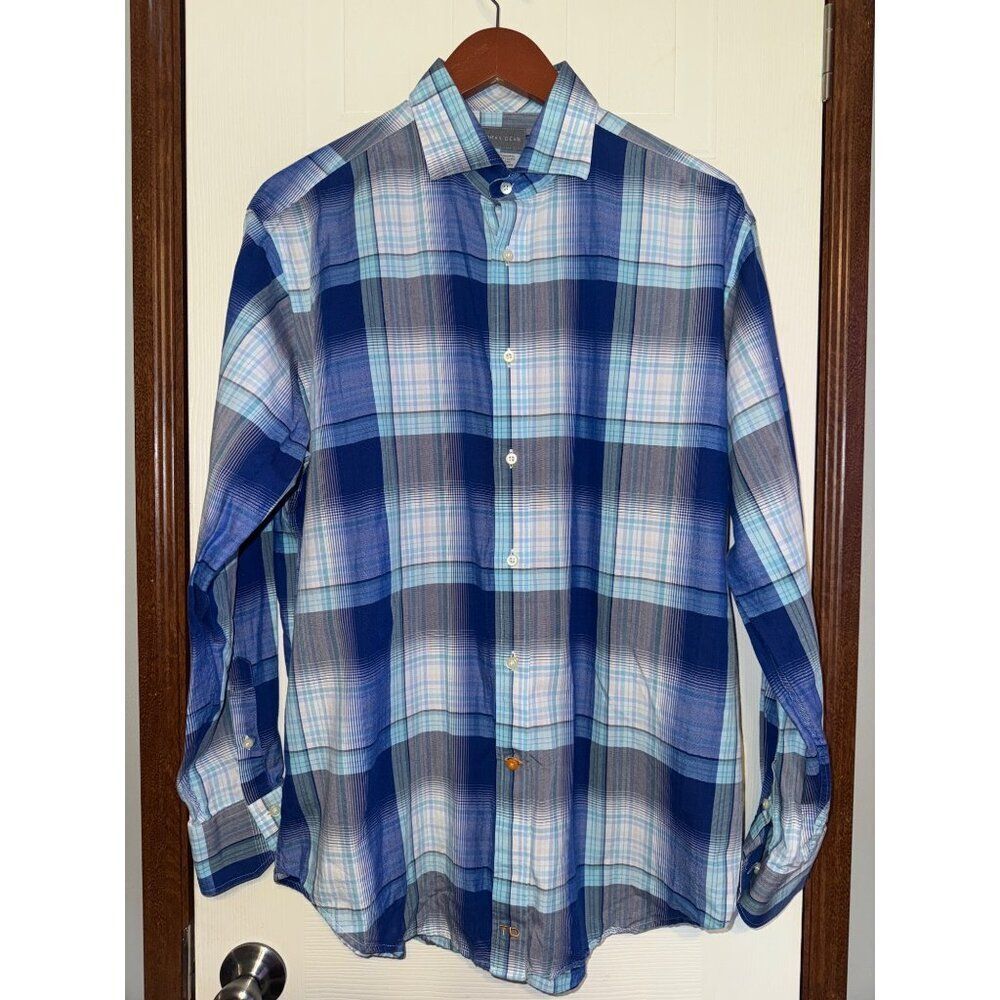Thomas Dean 100% Cotton Blue Plaid Button Up Size Large